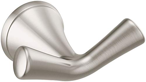 Brushed nickel robe hook with curved double arms and circular wall mount plate.
