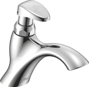 Chrome single-hole bathroom faucet with curved spout and metering handle lever.