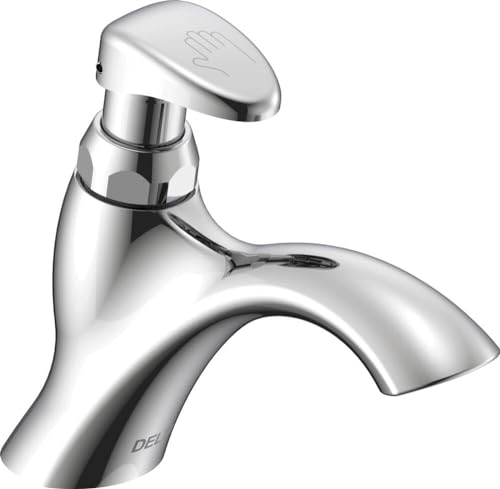 Chrome single-hole bathroom faucet with curved spout and metering handle lever.