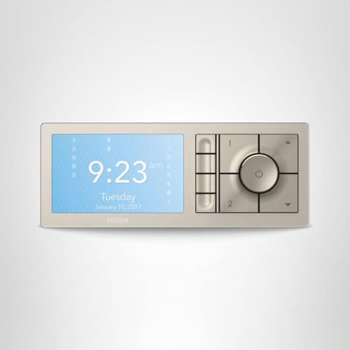 Terra beige digital shower controller with touchscreen display showing time and day, featuring central dial and outlet button