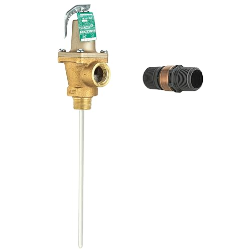 Bronze temperature and pressure relief valve with green adjustment cap, white probe, and threaded connector fitting shown sep