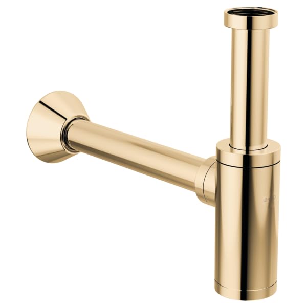 Polished brass bottle trap with cylindrical body, horizontal inlet arm, and circular wall-mounted flange.