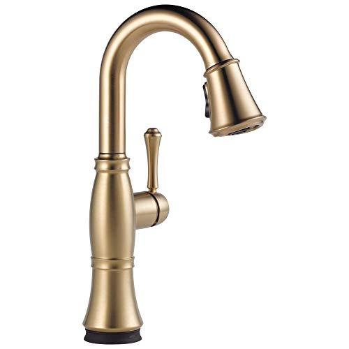 Champagne bronze single-handle pull-down bar faucet with curved spout and lever control.