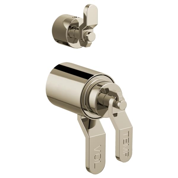 Brushed nickel thermostatic valve with integrated diverter and industrial lever handles in two mounting orientations.