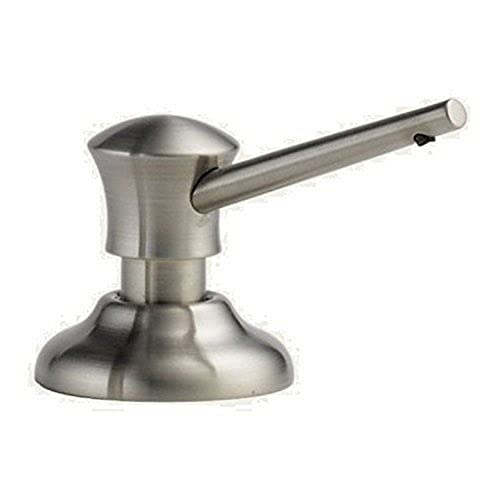 Stainless steel soap and lotion dispenser with cylindrical pump head and wide base.