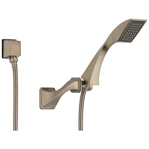 Brushed nickel wall-mounted hand shower with curved handle, rectangular shower head, and flexible hose connection.