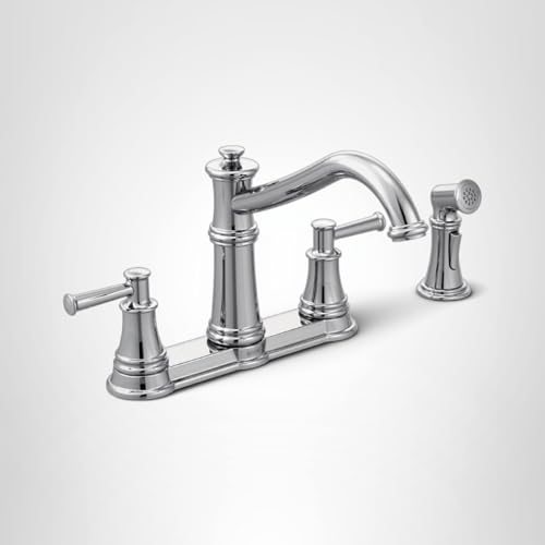 Chrome two-handle high-arc kitchen faucet with curved spout and separate side spray attachment.