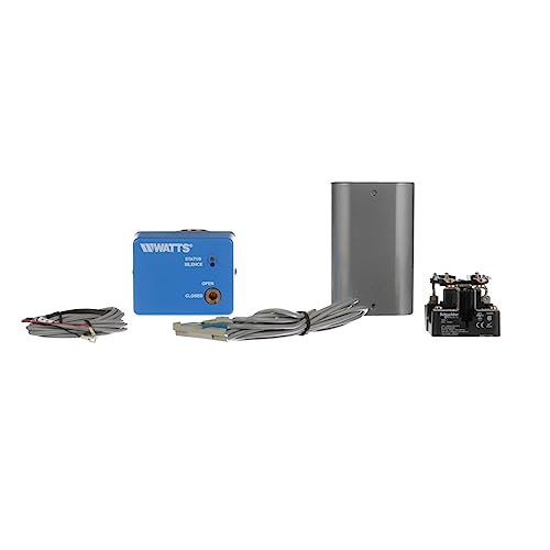 Water detector shutoff system with blue control unit, gray battery backup box, sensor cables, and electric valve component.