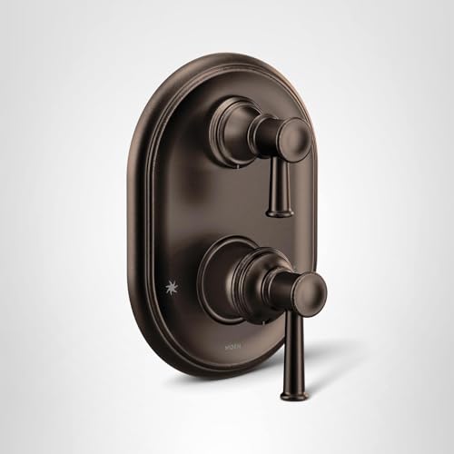 Oil-rubbed bronze shower trim with two handles and integrated transfer valve on oval escutcheon plate.