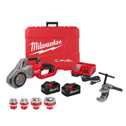 Milwaukee M18 FUEL pipe threader kit with red carrying case, two batteries, charger, die heads, and manual threading vise.