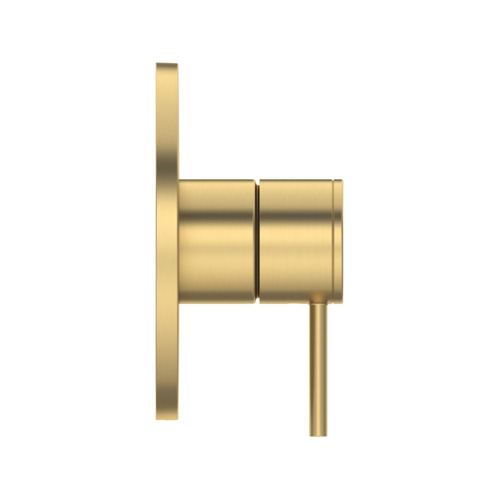 Grohe Atrio pressure balance valve trim in brushed gold finish with cylindrical handle and mounting plate.