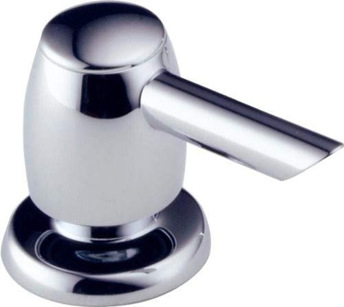 Chrome soap and lotion dispenser with rounded pump head and rectangular spout on circular base.