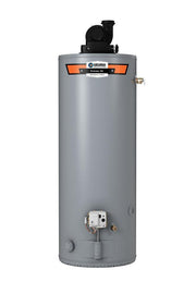 State ProLine XE gray cylindrical water heater with black power vent motor on top and orange branding panel.