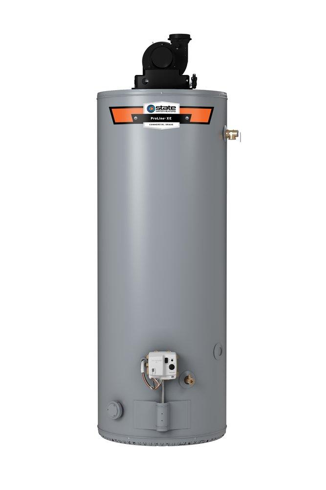 State ProLine XE gray cylindrical water heater with black power vent motor on top and orange branding panel.