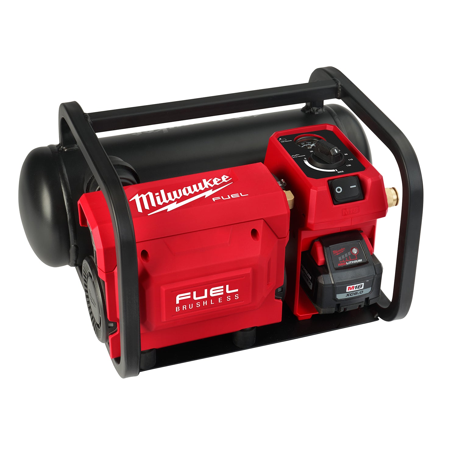 Red and black Milwaukee M18 FUEL air compressor with 2-gallon tank, control panel, and black carrying handles.