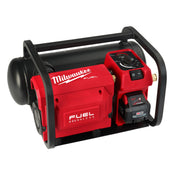 Red and black Milwaukee M18 FUEL air compressor with 2-gallon tank, control panel, and black carrying handles.