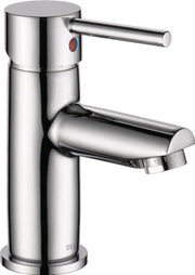 Chrome single-handle bathroom faucet with curved spout and red temperature indicator button on vertical body.