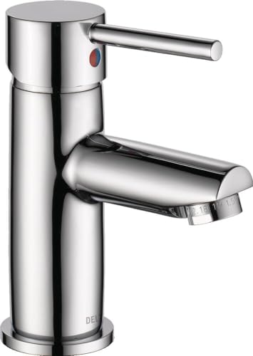 Chrome single-handle bathroom faucet with curved spout and red temperature indicator button on vertical body.