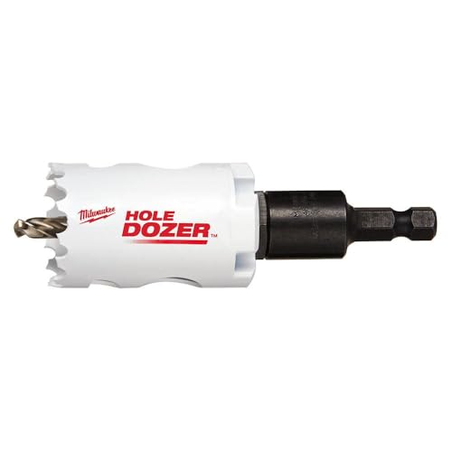 Milwaukee HOLE DOZER bi-metal hole saw with white cylindrical body, black adapter, and brass pilot bit.