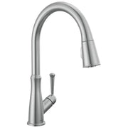 Brushed stainless steel kitchen faucet with curved gooseneck spout and single lever handle, spray head pulled down.