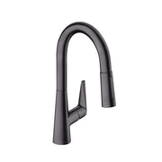 Brushed black chrome kitchen faucet with tall curved spout and pull-down spray head with single lever handle.