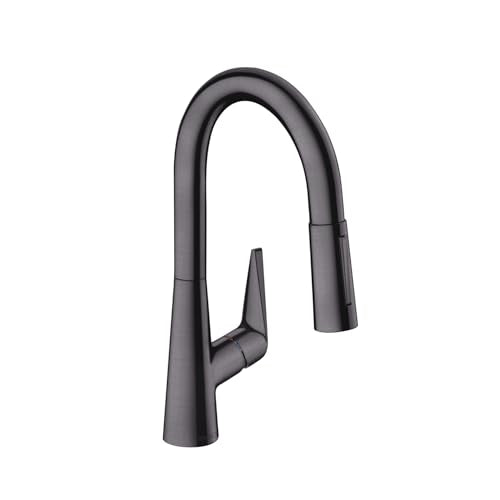 Brushed black chrome kitchen faucet with tall curved spout and pull-down spray head with single lever handle.