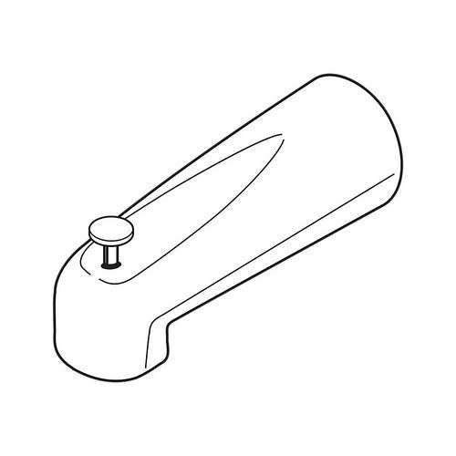 Chrome tub spout with pull-up diverter lever and curved outlet for water direction.