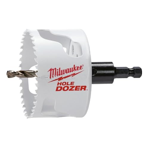 Milwaukee HOLE DOZER 3" bi-metal hole saw with white plastic housing, black arbor shaft, and metal teeth around the cutting e