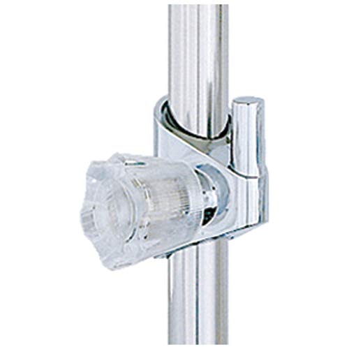 Chrome shower bar with clear cylindrical hand shower holder attachment mounted on vertical rail.