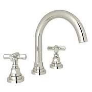Polished nickel three-hole bathroom faucet with curved C-spout and cross handles.