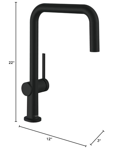 Matte black U-shaped kitchen faucet with single handle and pull-down spray, 22 inches tall.