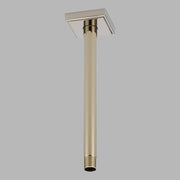 Polished nickel ceiling-mount shower arm with square flange and vertical pipe extending downward.