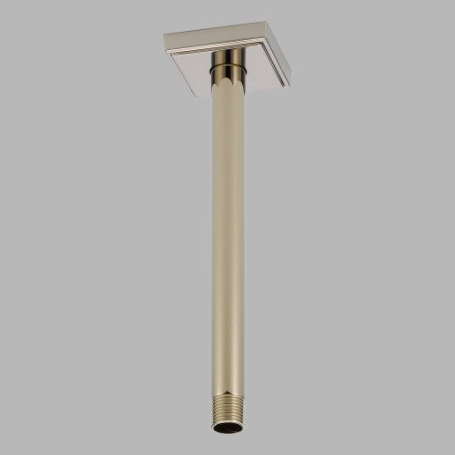 Polished nickel ceiling-mount shower arm with square flange and vertical pipe extending downward.