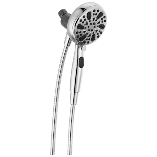 Chrome hand shower with six spray settings, attached hose, and magnetic dock connector.