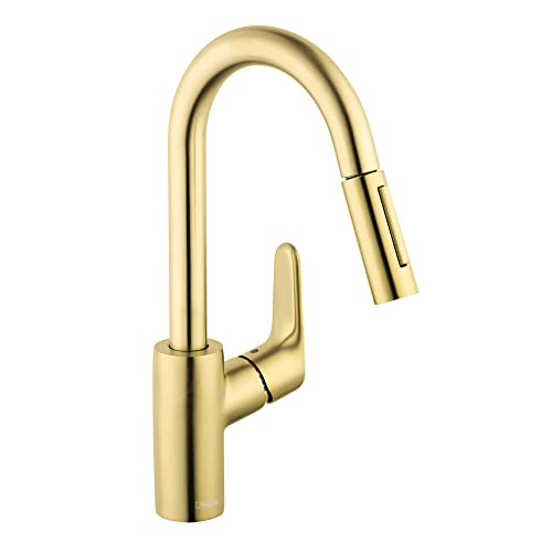 Brushed gold kitchen faucet with curved spout, pull-down spray head, and single lever handle.