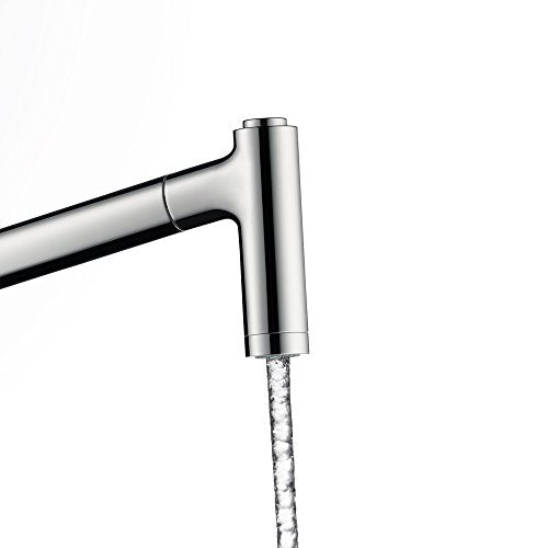Hansgrohe Metris HighArc prep kitchen faucet with curved spout and steel finish, shown with water stream.