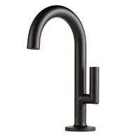 Chrome single-handle electronic lavatory faucet with curved spout and side lever control.