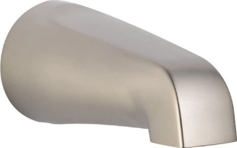 Stainless steel tub spout with curved, angled design and wall-mounted connection point.