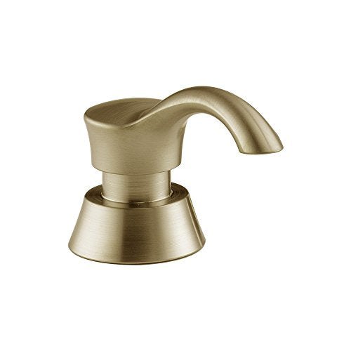 Champagne bronze soap dispenser pump with curved spout and wide base, shown from a front angle.