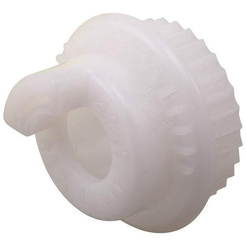 White plastic rotational limit stop with cylindrical post and ribbed circular base.