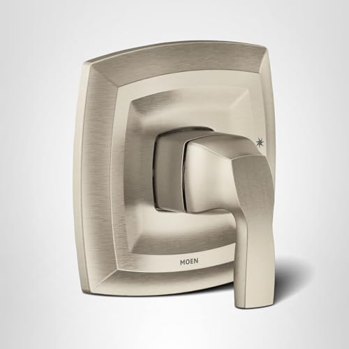 Brushed nickel shower trim kit with single lever handle and curved rectangular escutcheon plate.