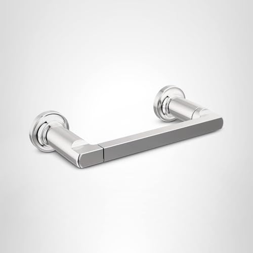 Chrome tissue holder with two cylindrical end mounts and a flat bar for paper roll placement.