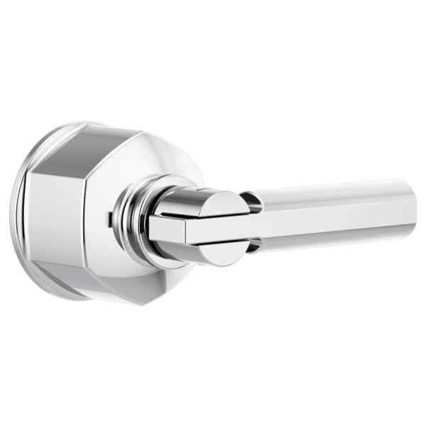 Polished chrome lever handle with round escutcheon plate for pressure balance valve trim kit.