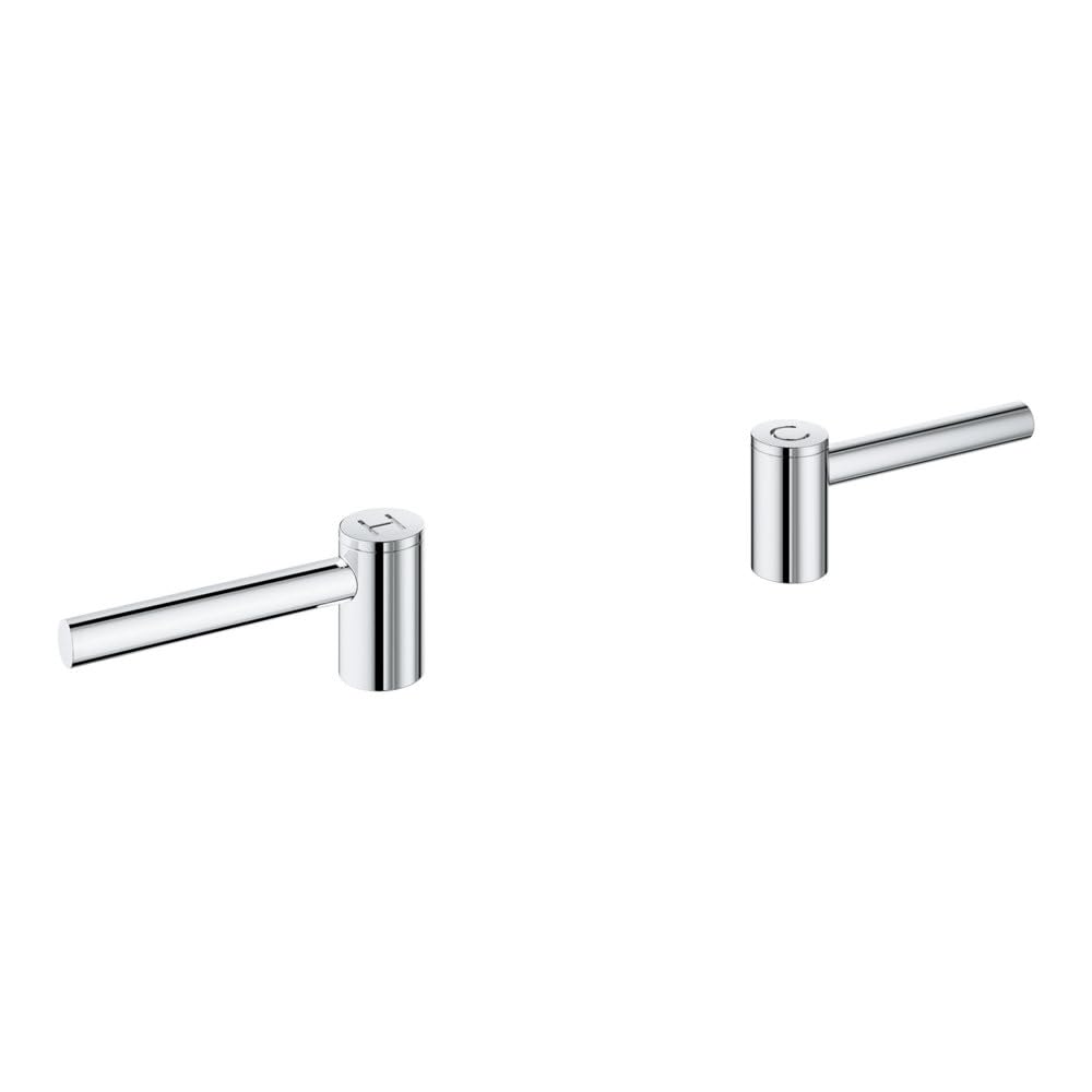 Pair of chrome lever handles with cylindrical knobs and extended horizontal arms.