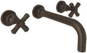 Wall-mount lavatory faucet trim with curved spout and cross handles in dark bronze finish.