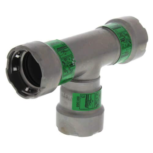 Viega MegaPress carbon steel tee fitting with zinc-nickel coating and green press bands on three ends.