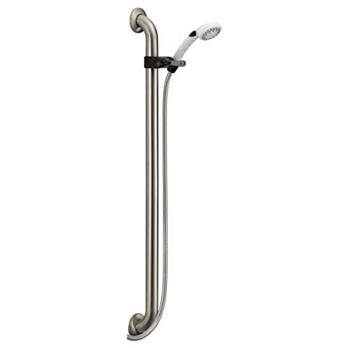 Stainless steel vertical slide bar with adjustable hand shower head and black connector bracket.