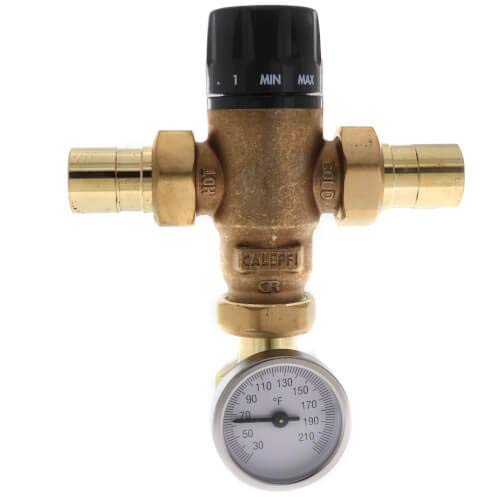 Brass 3-way mixing valve with black adjustment knob, sweat connections, and attached temperature gauge showing Fahrenheit sca