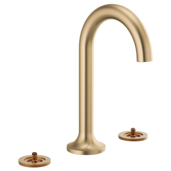 Brushed gold widespread lavatory faucet with curved spout and two round base plates, handles not included.