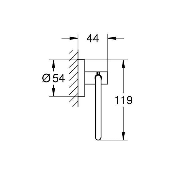 Technical drawing of Grohe Essentials paper holder showing dimensions: 44mm width, 119mm height, 54mm diameter mounting.